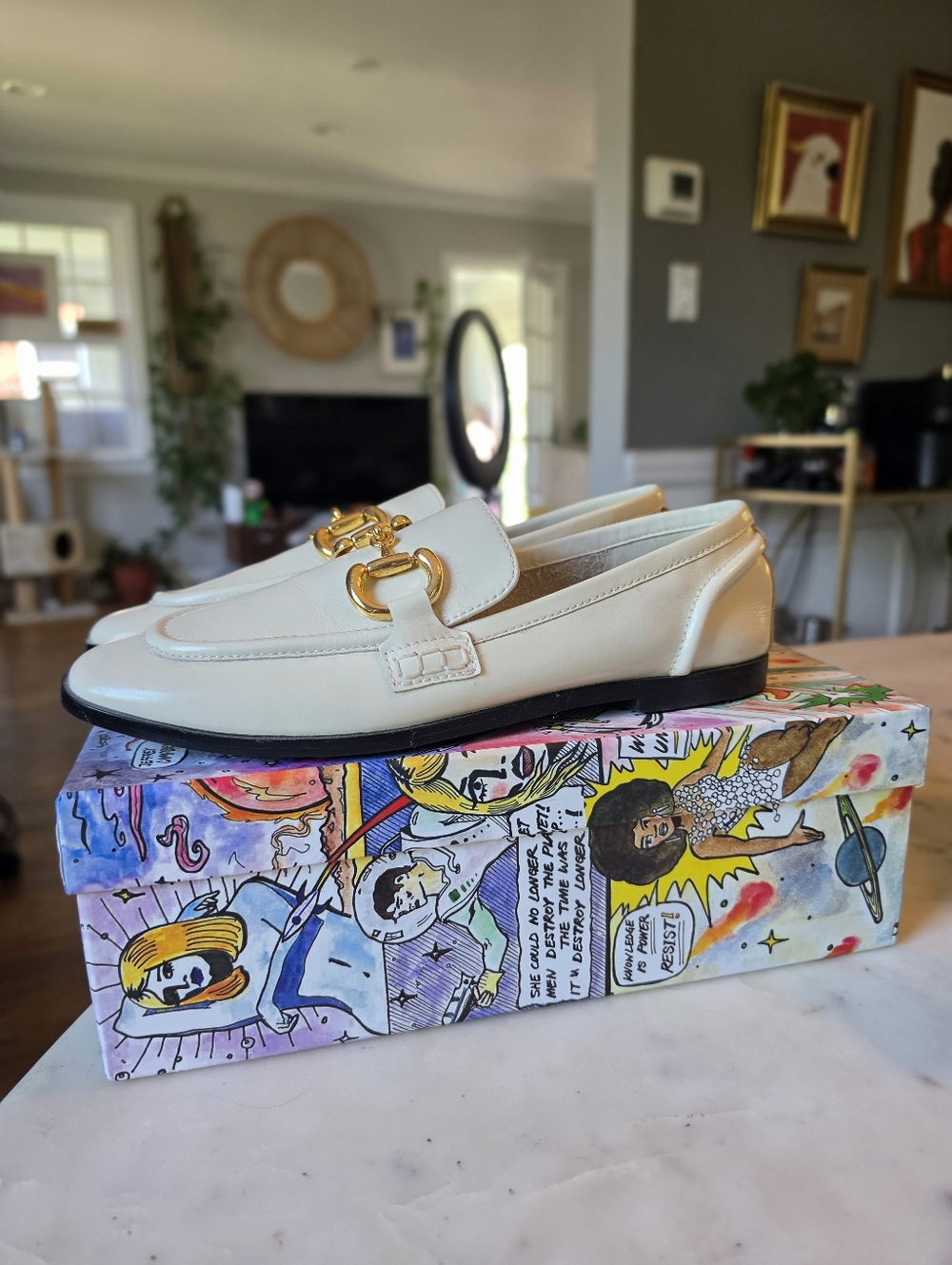 Jeffrey Campbell Ivory Velviteen Horsebit Gold Loafer Size 8